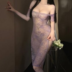 Purple Lace Pure-Temptation Sleepwear Dress - QQNY Cheongsam-Inspired Sensual Lounge Set, Flirty Busty Nightgown