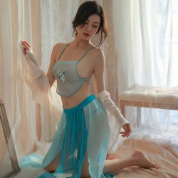 Vintage Chinese-Inspired Lingerie Set - Sheer Mesh Cheongsam Bodysuit with Retro Doudou & Chiffon 4-Piece Outfit