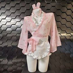 Japanese Kawaii Bunny Kimono Robe - Sexy Lace Sleepwear with Bow & Floral Print, Pure & Alluring Lingerie Set