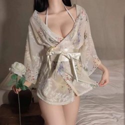 Japanese-Style Sexy Lace Kimono Robe Set - Sheer Chiffon Three-Piece Outfit with Floral Print & Hot Uniform Design