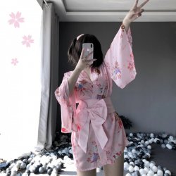 Linlinting Women's Sexy Pink Japanese-Style Kimono Robe Set - Floral Lace Lingerie Ensemble