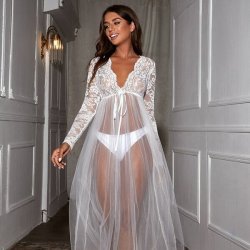 Lace Mesh Sheer Long Nightgown for Women – Sexy Transparent Sleep Dress, No Underwear Included