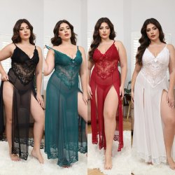Plus Size Sexy Lace Long Dress Set - Semi-Sheer Backless Transparent Evening Ensemble for Curvy Women
