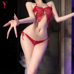 Night Silk Sexy Lingerie Set - Butterfly Bikini Top & Tie-Dye Belly Dance Bodice Outfit
