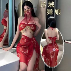 QQNY Dunhuang Dance-Inspired Sheer Hanfu Lingerie – Gold-Embossed Transparent Mesh Bustier with Exotic Elegance