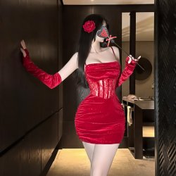 Red Velvet Lace Bodycon Mini Dress - Sheer Sexy Holiday Party Dress with Thin Straps & Sparkle Detail