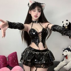 Ruyun Sexy Lace PU Leather Lingerie Set - Cute Anime Devil Cosplay Outfit with Cutout & Ties