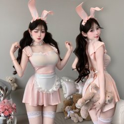 Sensual Lace Sheer Maid Costume - No-Remove Bunny Girl Outfit with Transparent Mesh & Adjustable Straps