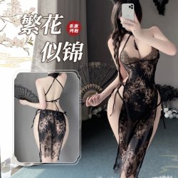 Sexy Ancient Chinese Style Lingerie Set – Sheer Lace Bodice & Slit Sleepwear for Women, Tempting Qipao-Inspired Nightwea
