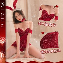 Sexy Christmas Lingerie Set - Red Sparkly Bunny Girl Outfit, Cleavage-Enhancing Bodysuit & Skirt for Holiday Cosplay