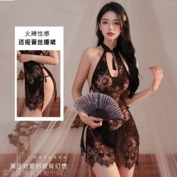 Sexy Lace Cheongsam Lingerie Set - Seductive No-Remove Uniform Sleepwear for Small Bust, Sheer Cutout Design