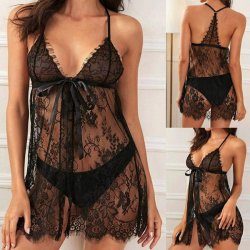 Sexy Lace Sheer Open-Front Sleep Dress for Women – Plus Size Romantic Nightwear, Elegant Lingerie Sleepwear