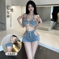 Sexy Lace-Trimmed Denim Short Set - Seductive No-Remove Bedroom Outfit for Women