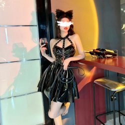 Sexy PVC Catwoman Costume Set - Lace-Up Bodysuit, Garter Belt & Thong Lingerie Outfit for Role Play