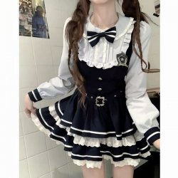 Sweet Lace Doll Collar Bow Dress for Women – American Preppy Style Spring Fall A-Line Waist-Cinching Mini Dress