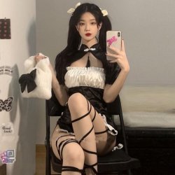 Vintage-Inspired Sexy Lingerie Set - Retro Chinese Qipao Short Sleeve Split Dress, Seductive Uniform Style