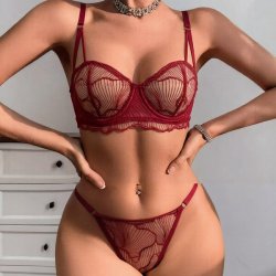 Wine Red Plus Size Lingerie Set - Sexy Sheer Mesh Bra & Panty Set with Lace Cutouts
