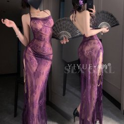 Yiyue Purple Lace Sensual Off-Shoulder Chemise - Sheer Temptation Sleepwear & Roleplay Outfit