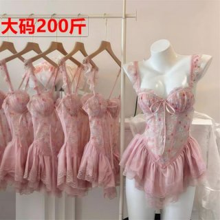 Pink floral lace bra set with push-up padded cups and waist-cinching corset design, displayed on mannequin and hangers.