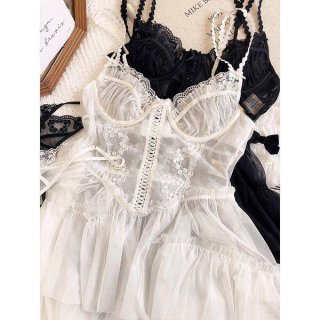White and black lace cami nightgowns with sheer mesh, floral trim, and ruffled skirts for women.