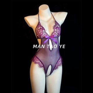 Purple lace-trimmed sheer chemise with bow detail, part of the pure & playful lingerie set by qqny — sensual sleepwear for wo...