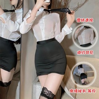 Woman wearing a plus size seductive office outfit featuring a sheer white blouse and black secretary skirt with lace stocking...