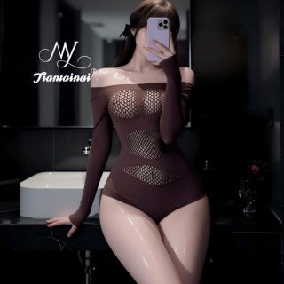 Woman modeling plus size sheer mesh bodysuit with cut-out details and long sleeves in dark brown, capturing mirror selfie.