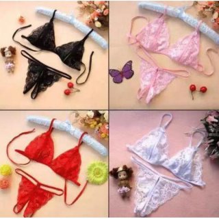Qingran lace thong bra set - sheer open-crotch erotic lingerie two-piece outfit for women in black, pink, red, and white