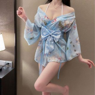 Woman wearing light blue floral kimono robe with bow tie, off-shoulder design, sheer lace trim — seductive plus size lingerie...