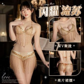 Woman modeling a gold shimmering tassel sheer dancer costume, featuring a deep v bra and open-crotch thong with g-string.
