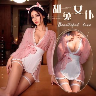 A woman wearing a pink bunny-themed japanese-inspired lingerie set, featuring a bow and kimono robe design, perfect for sleep...