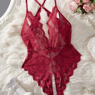 Lace sheer bodysuit for women featuring intricate floral patterns, elegant design, and delicate lace details, perfect for int...