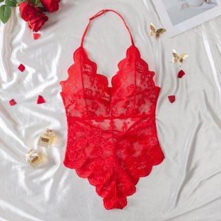 Red lace sheer bodysuit with intricate floral patterns, perfect for women seeking sexy full-lace erotic lingerie. european an...