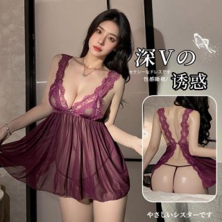 Woman modeling a deep v lace sleep dress with sheer mesh and high slit, featuring delicate detailing and sensual design.