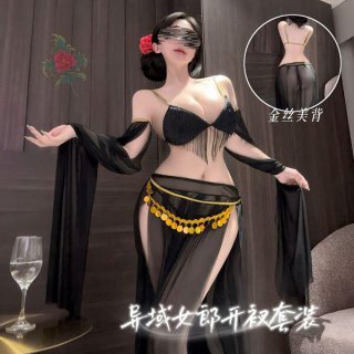 Model wearing black sheer plus size sensual lingerie set with gold coin belt, fringe bra, and flowing sleeves for exotic eleg...