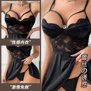 Solid Color Sexy Women's Lace Trim Sleep Dress with Adjustable Straps & Heart Clasp - Product Image