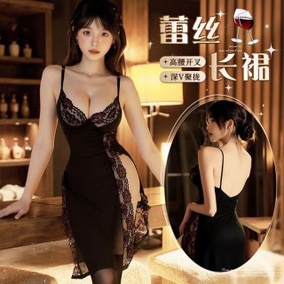Sexy lace cami dress with high-cut cups and deep v-neckline, perfect for evening wear or sleepwear. features ， 。