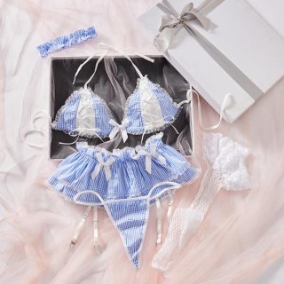 Womens sexy backless maid costume set - cute lace role play lingerie outfit featuring blue and white gingham design with bows...