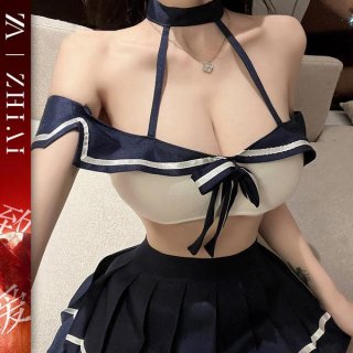Pure & playful student-style lingerie set – japanese sailor uniform jk outfit for role play, featuring a halter top with bow ...