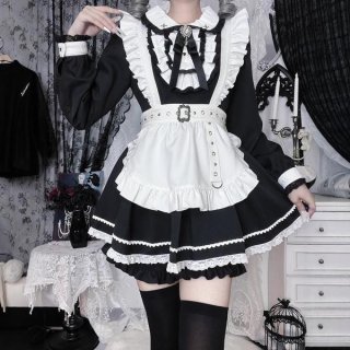 Japanese style lolita dress - sweet & edgy black white maid cosplay costume, aesthetic subculture outfit featuring ruffled co...