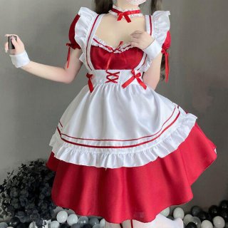 Sexy lace maid costume featuring red and white colors, with cut-out details and adjustable straps, perfect for adults seeking...