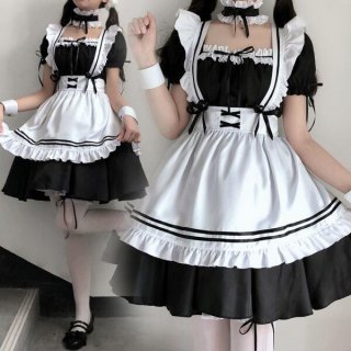 Japanese black and white maid dress featuring long sleeves, ruffled details, and a voluminous skirt, perfect for lolita cospl...
