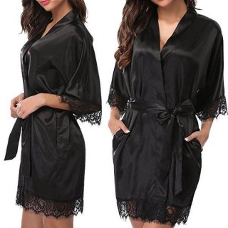 Ruixiang plus size sexy robe for women – ice silk lingerie bathrobe, featuring elegant black lace detailing and a silky fabri...