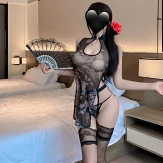 Sensual chinese-inspired sheer high-slit modern qipao set featuring floral lace details and ink wash design, perfect for eleg...