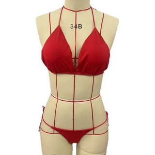 Red lace bra set with padded cups, european style bikini, womens three-piece lingerie and swimwear.