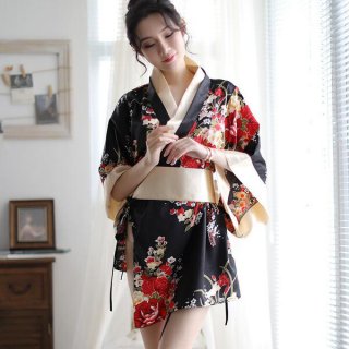 A woman models a mannyqing japanese kimono lingerie set, featuring a floral pattern and elegant design, perfect for playful r...