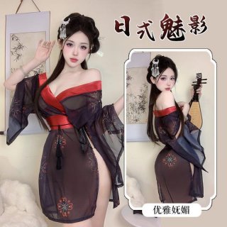 Japanese-style sexy lingerie kimono set - pure & tempting no-remove sleepwear in black with floral print