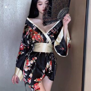 A woman poses elegantly in a plus-size seductive geisha lingerie set, featuring a japanese kimono-inspired design with floral...