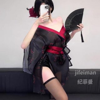 Jifiman sexy lingerie set - japanese-style black kimono sleepwear, no-remove pure-yu outfit with floral print