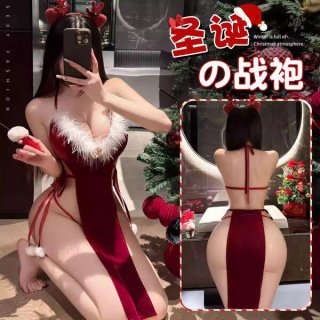 Sexy velvet deep v-neck robe dress with satin ties, retro holiday nightwear, perfect for festive celebrations.